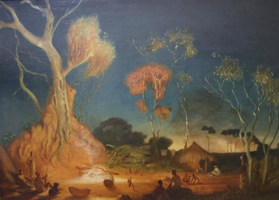 Oil on canvas, South African scene with figures around a camp fire, 59 x 82cm